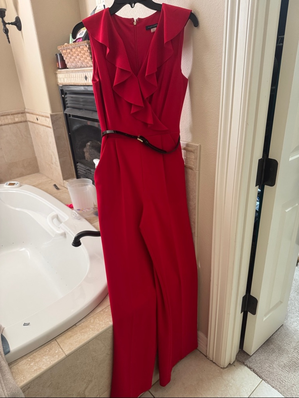 Tommy Hilfiger Red Ruffle V-Neck Wide-Leg Jumpsuit with Belt